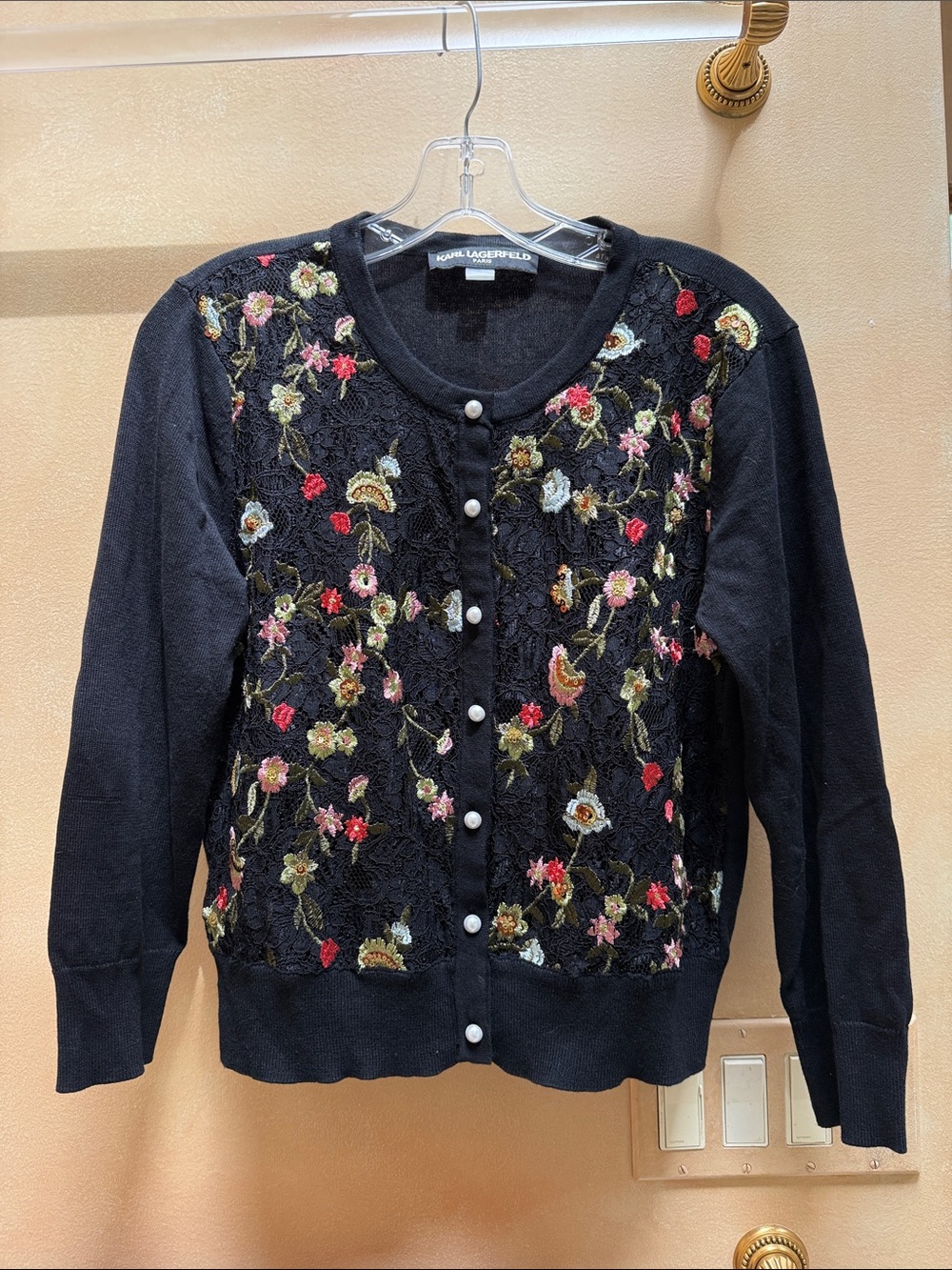 Karl Lagerfeld Black Floral Lace-Front Cardigan with Pearled Buttons